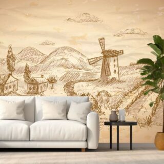 Rural Landscape With Windmill and Vineyard Wallpaper Mural