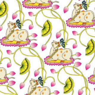 Lotus Garden Pichwai Cow with Mor Pankh Vastu Wallpaper