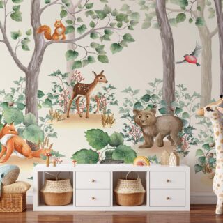 A Wallpaper of Animals in a Forest for Nursery Kids