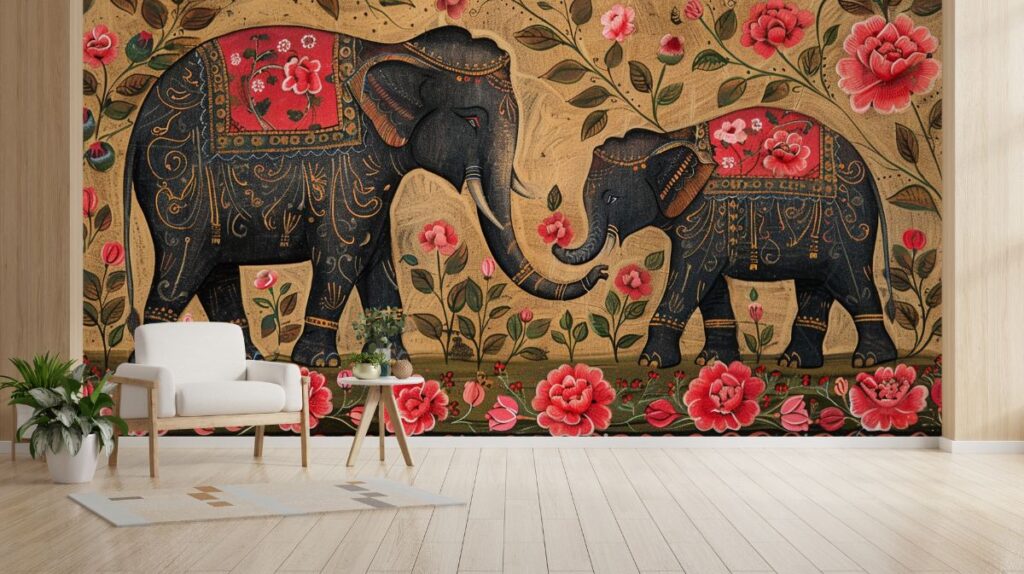 Gaja Upvan, Madhubani Painting of Elephants Mural Wallpaper - Magicdecor®