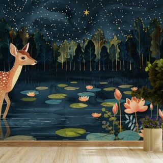 Hiranakriti, Madhubani Painting of a Beautiful Deer in a Serene Forest Mural Wallpaper