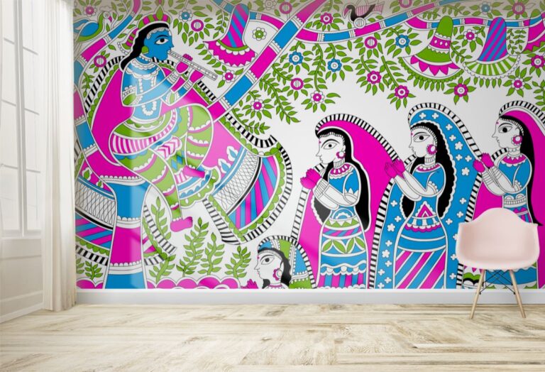 Krishna and The Gopi's Vintage Madhubani Painting Wallpaper Mural ...