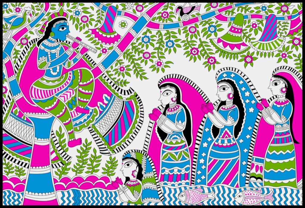 Krishna and The Gopi's Vintage Madhubani Painting Wallpaper Mural ...