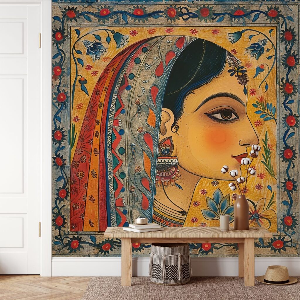 Maharani, Madhubani Art Painting of a Woman Mural Wallpaper - Magicdecor®