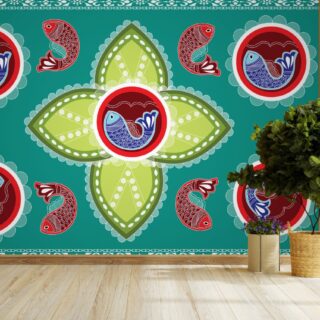 Meen, Beautiful Madhubani Art Fish Painting Wall Mural Wallpaper