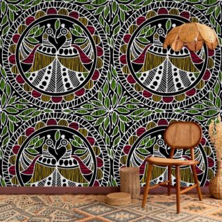 Milan, Traditional Birds Madhubani Painting Wall Mural Wallpaper