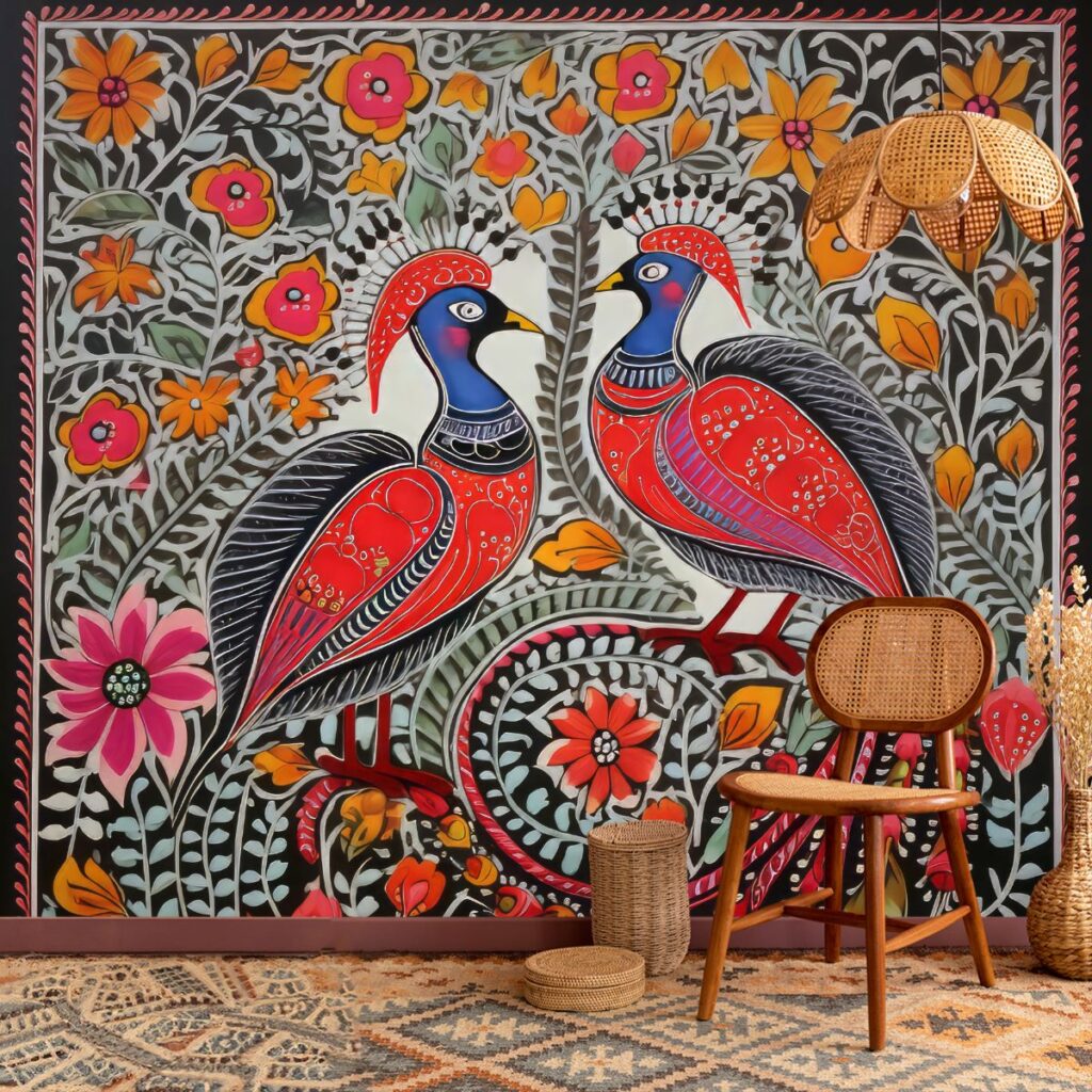 Pakshikala, Vibrant and Colorful Madhubani Painting of Birds Mural ...