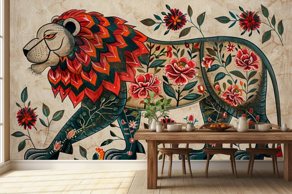 Simhachitra, Lion Painting in Madhubani Bharni Style Mural Wallpaper ...