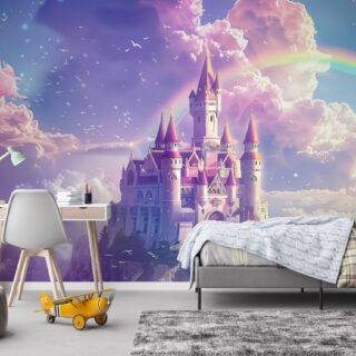 Fantasy Castle With Rainbow and Unicorns Wallpaper Mural