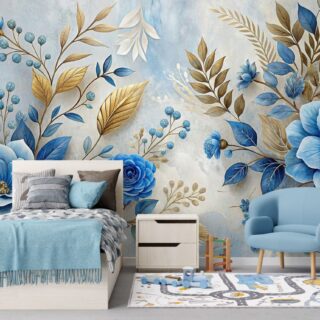 Botanical Bliss Blue Flowers With Golden Leaves Wallpaper Mural