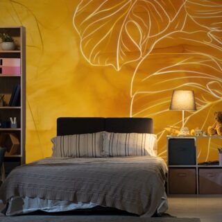 Golden Monstera Leaves Elegance Wallpaper Mural