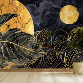 Luxurious Gold Moon and Leaves Art Wallpaper Mural