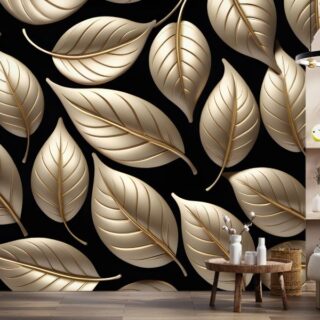 3D Gold Color Leaf Wallpaper Design Mural Wallpaper
