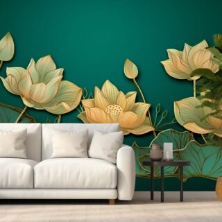 Golden Green Lotus Line Art Mural Wallpaper