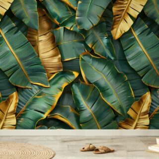 Gritty Greeny Gold Banana Leaves Mural Wallpaper