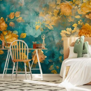 Luminous Golden Flowers Painting Wallpaper Mural