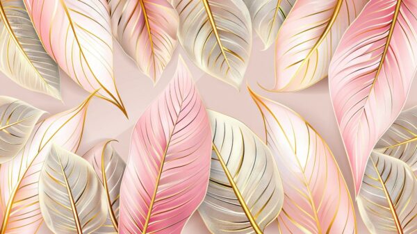 Luxurious Pink and Gold Leaves Wallpaper Mural - Magicdecor®