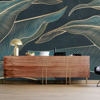 Tropical Banana Leaves in Golden Line Art Style Mural Wallpaper