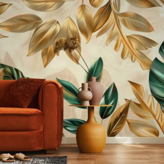 Vintage Tropical Green Gold Leaves Mural Wallpaper