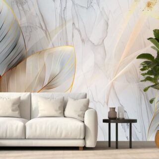 White Gold Banana Leaves Foliage Mural Wallpaper