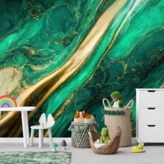 Fluid Art Greenish Gold Marble Pattern Modern Wallpaper Mural