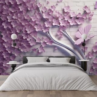 3D Pink Trees and Butterfly on A Brick Wall Mural Wallpaper