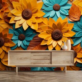 3D Turquoise Amber Morning Glories Sunflowers Wallpaper Mural