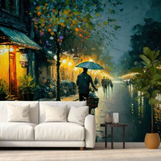 Rainy Night Oil Painting Style Wallpaper Mural