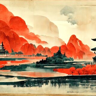 Traditional Chinese Painting Red Landscape Mural Wallpaper