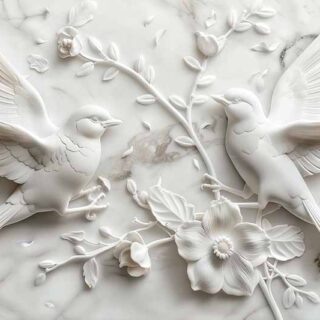 Graceful Birds Sculpted on White Marble Wallpaper Mural