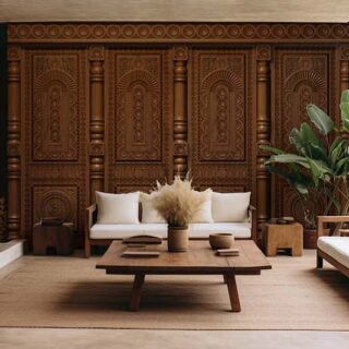 Carved Oriental Wood Effect Panel Wallpaper Mural