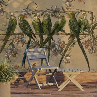Kokil, Playful Parrots on A Branch Wallpaper Mural