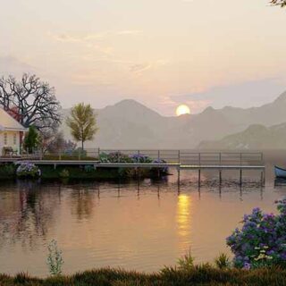 Drona, Mountain Lake House Sunrise Scenery Wallpaper Mural