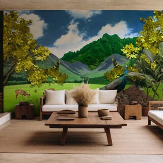 Shantvan, 3D Jungle With Mountains, Peacock and Deer Wallpaper Mural