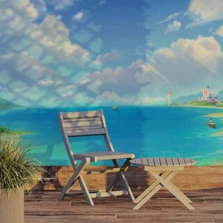 Fantasy Seaside Beach Town Landscape Wallpaper Mural