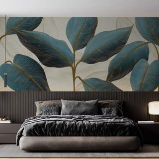Paradiso, Serene Golden Line Art Design Tropical Leaves Wallpaper Mural
