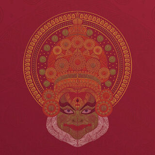 Kathakali Line Art in Burgundy Red Wallpaper Mural