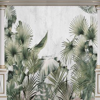 3D Effect Wall With Tropical Leaves Wallpaper Mural