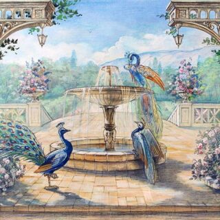 Watercolor Peacock and Fountain Art Landscape Wallpaper Mural