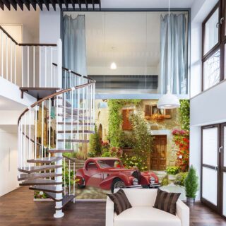 Beautiful 3D Red Retro Car With Flowers Fresco Wallpaper Mural