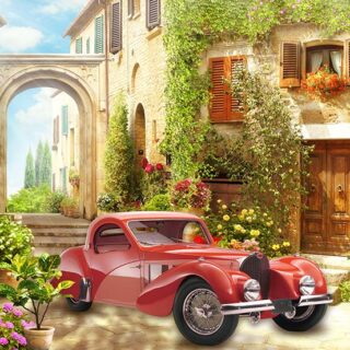 Beautiful 3D Red Retro Car With Flowers Fresco Wallpaper Mural