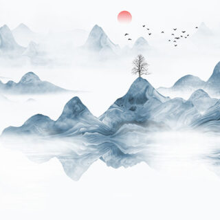 Chinese Style Blue Ink Landscape Painting Wallpaper Mural