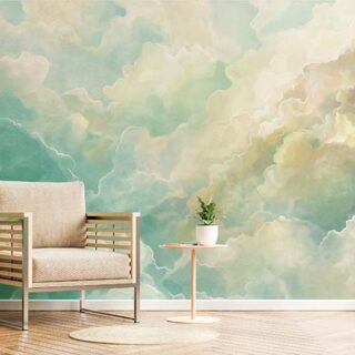 Mint Green, Turquoise, and Champagne Clouds Painting Wallpaper Mural