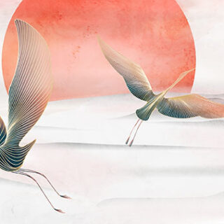 Minimalist Hills and Birds in Golden Line Style Wallpaper Mural