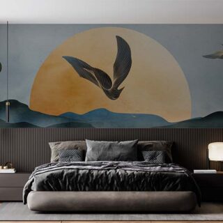 Minimalist Modern Crane Birds Scenery Art Wallpaper Mural