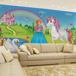 Beautiful Princess with White Unicorn and Swan Wallpaper Mural