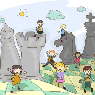 Fantasy Kids Playing with Chess Pieces Wallpaper Mural