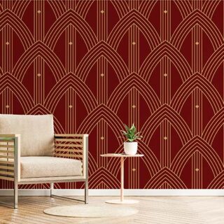 Elegant Art Deco Maroon Gold Pattern Wallpaper Mural