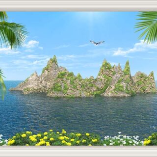 Ocean and Mountainous Island Window View Wallpaper Mural