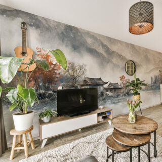 Nazaara, Watercolor Painting of Misty Mountains Landscape Wallpaper Mural